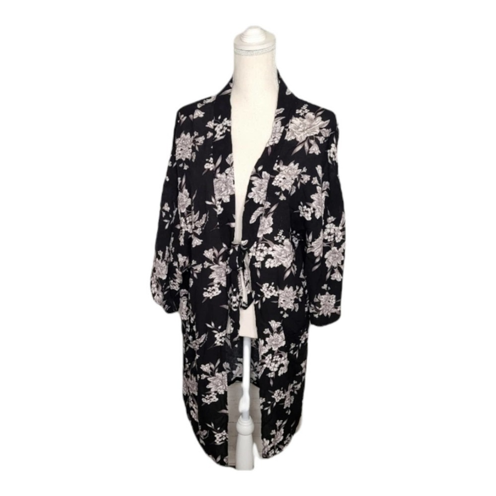 Vintage Boho Floral Black White Kimono, Summer Beach Robe Cover, One Size